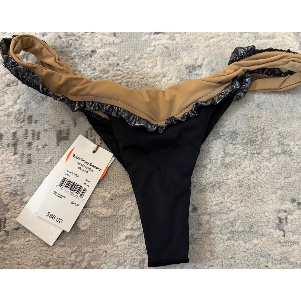 Beach Bunny Smoke & Mirrors Brazilian Bikini Bottom Black Tan Ruffle‎ S NWT rare